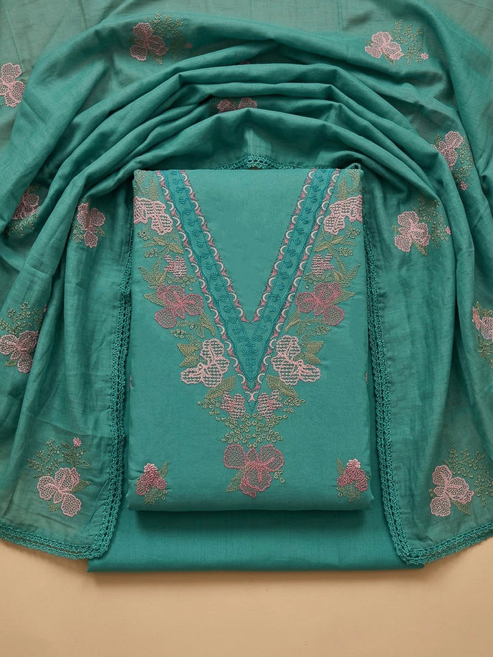 Rama Green Chanderi Embroidered Unstitched Dress Material