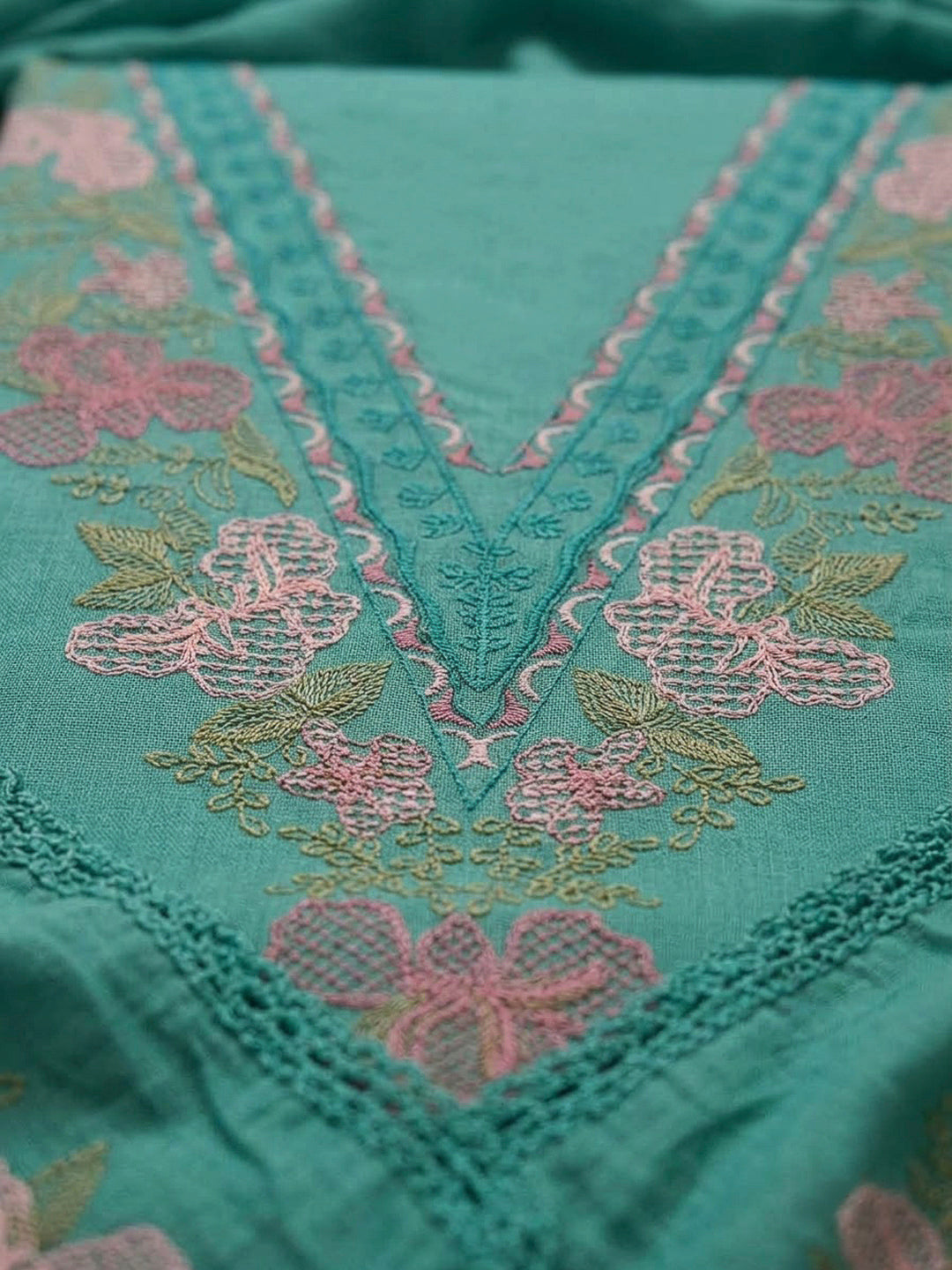 Rama Green Chanderi Embroidered Unstitched Dress Material