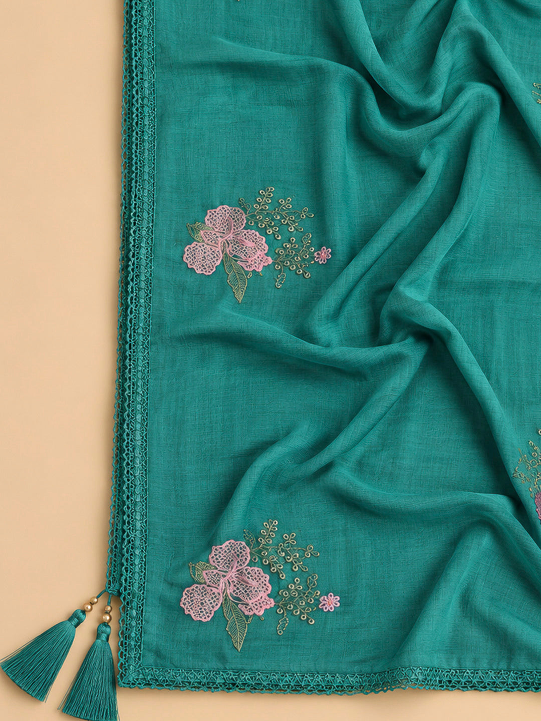Rama Green Chanderi Embroidered Unstitched Dress Material