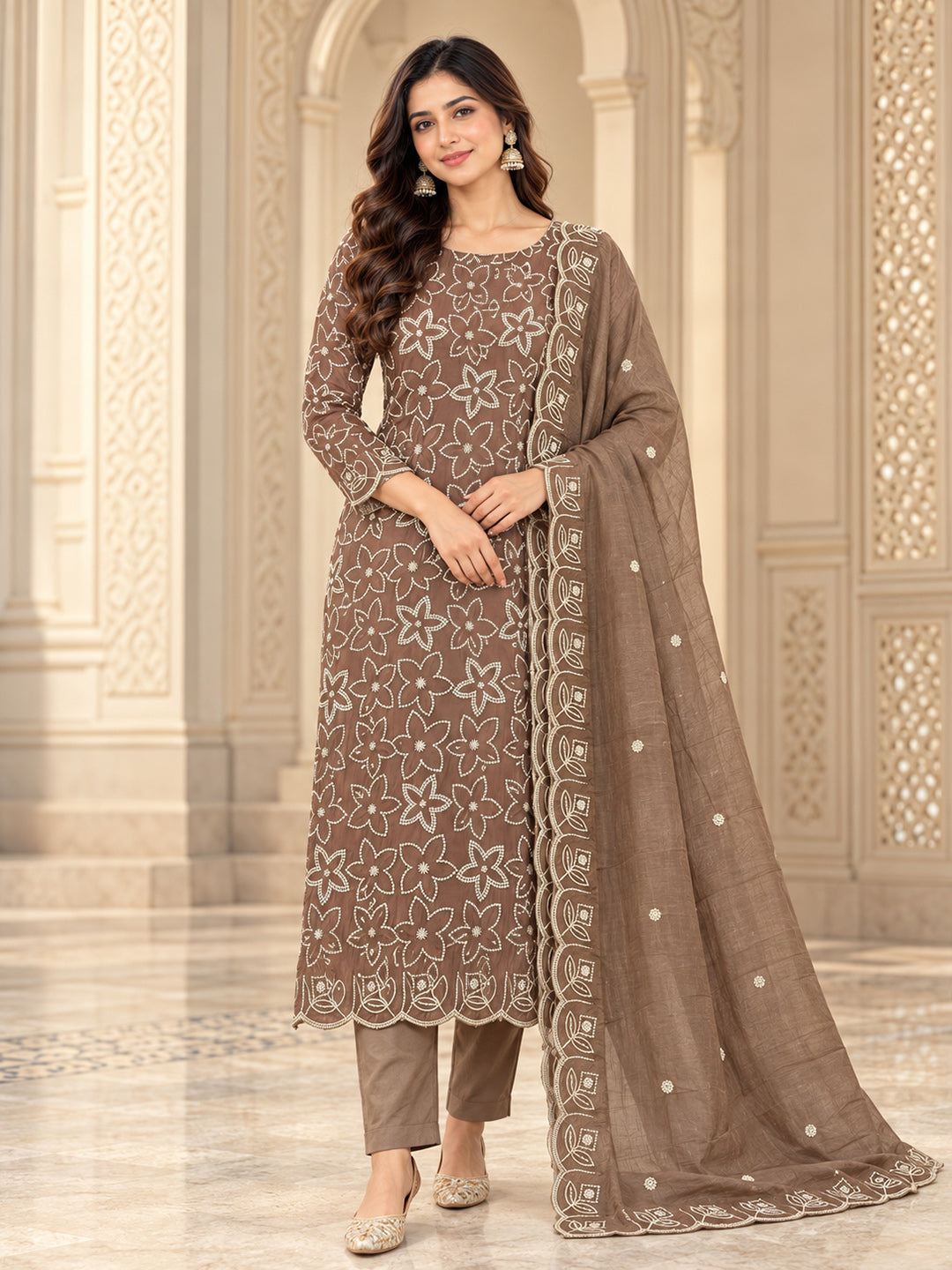 Brown Chanderi Embroidered Unstitched Dress Material