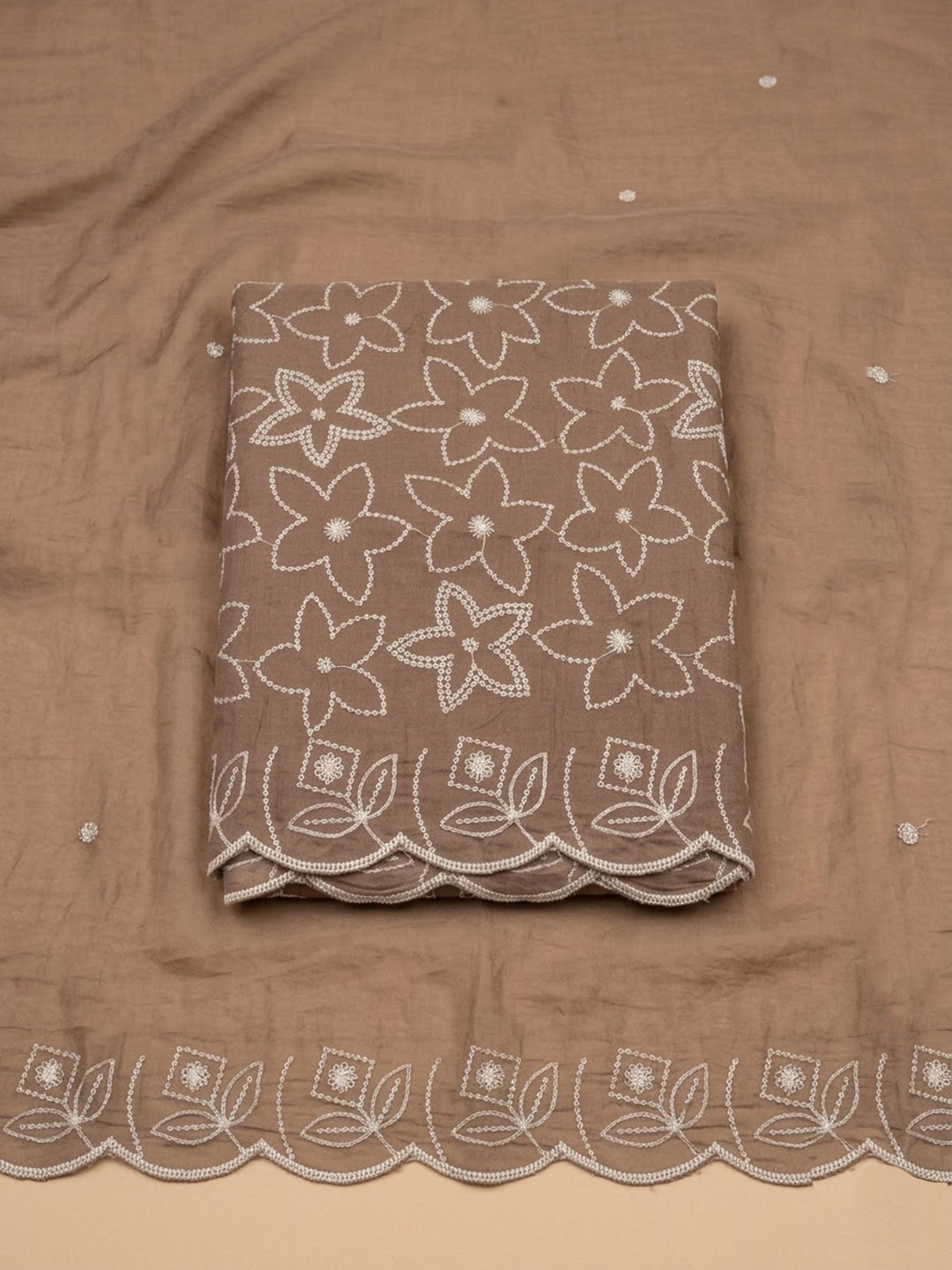 Brown Chanderi Embroidered Unstitched Dress Material