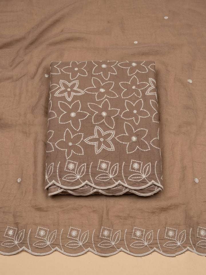 Brown Chanderi Embroidered Unstitched Dress Material