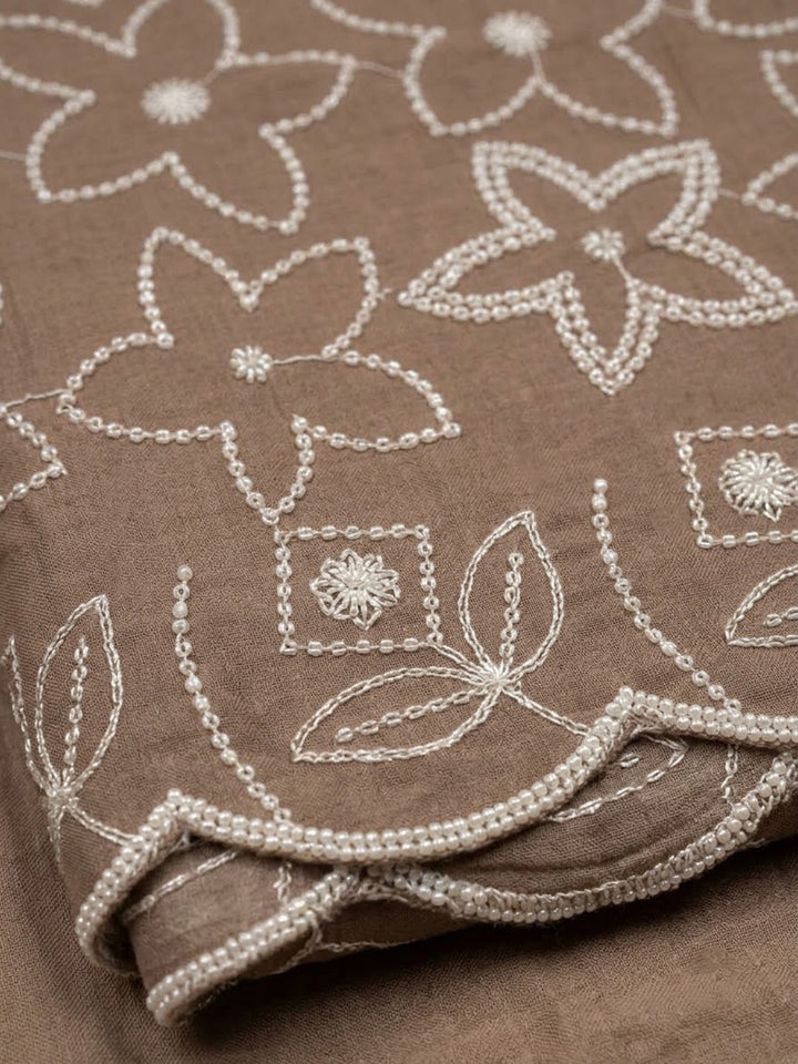 Brown Chanderi Embroidered Unstitched Dress Material