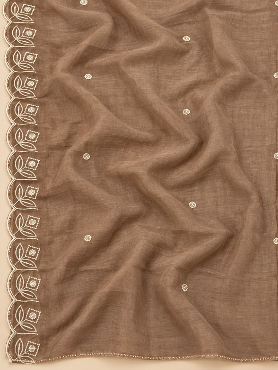 Brown Chanderi Embroidered Unstitched Dress Material