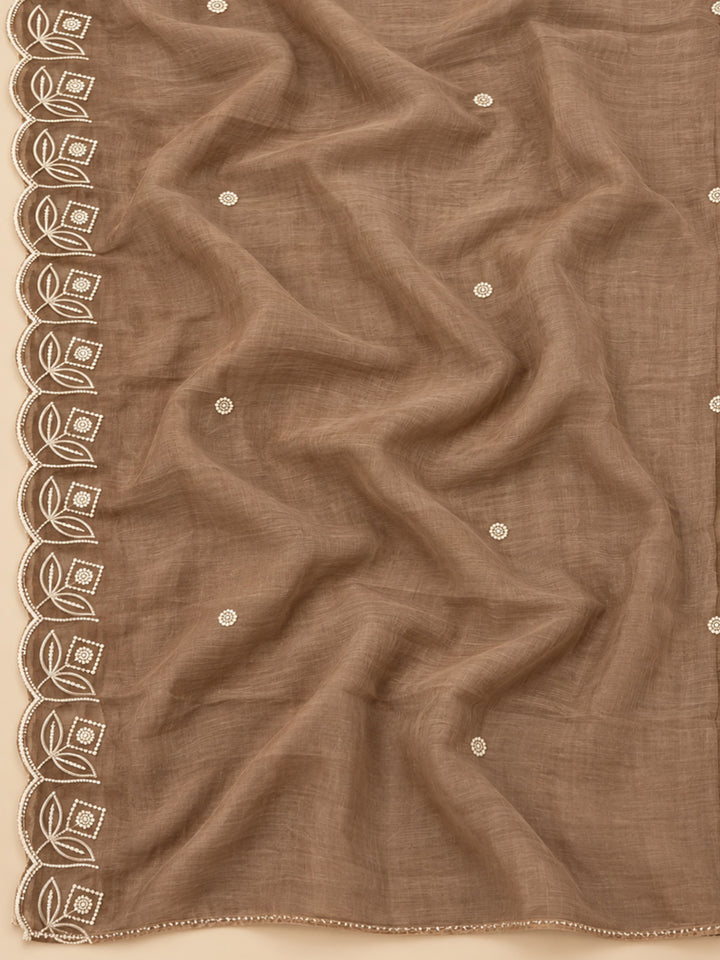 Brown Chanderi Embroidered Unstitched Dress Material