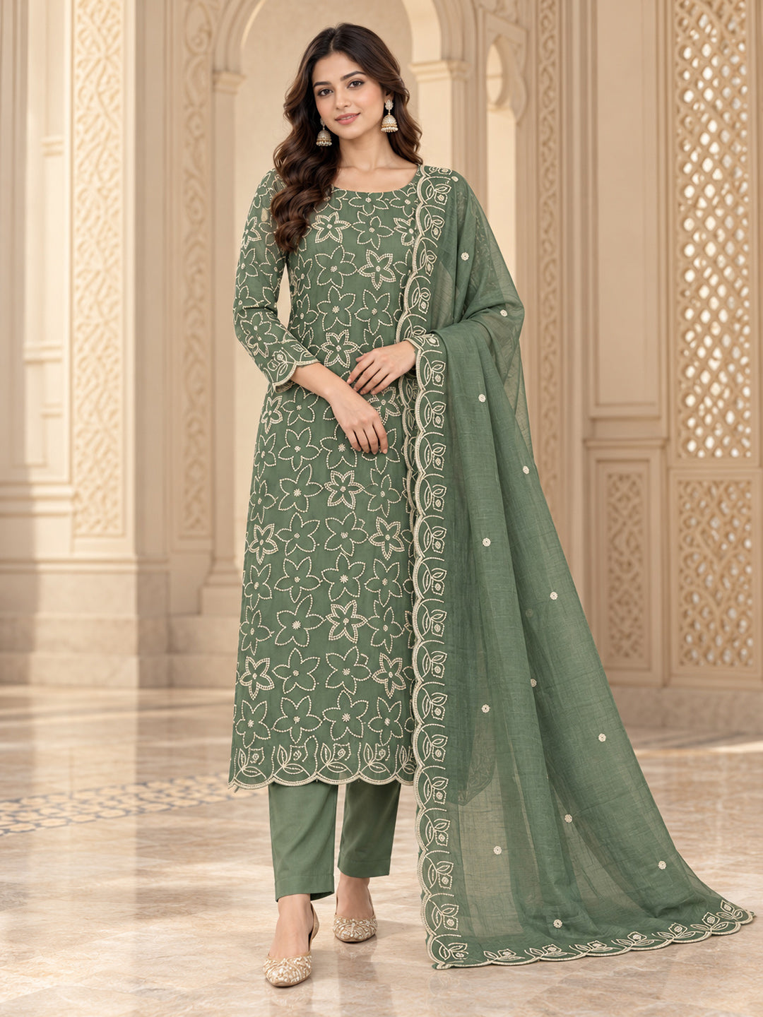 Green Chanderi Embroidered Unstitched Dress Material