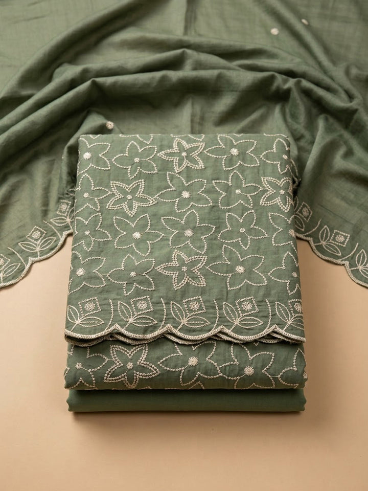 Green Chanderi Embroidered Unstitched Dress Material