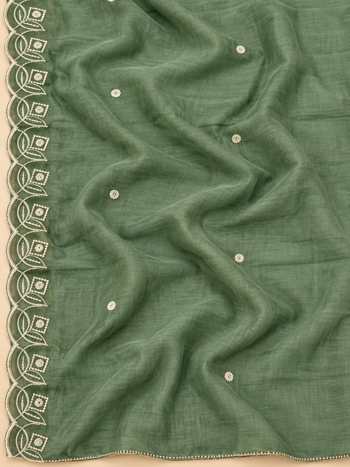 Green Chanderi Embroidered Unstitched Dress Material