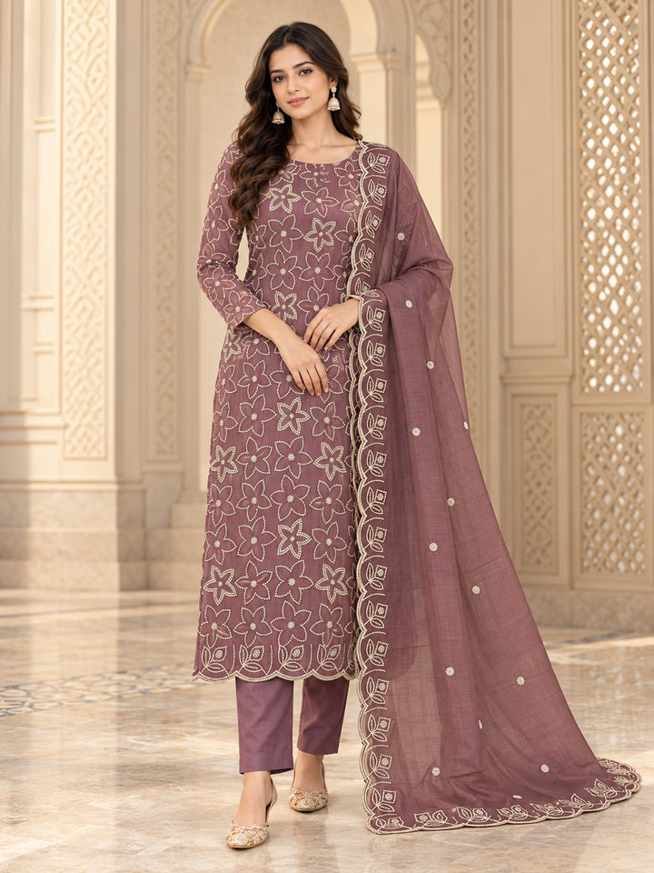 Lavender Chanderi Embroidered Unstitched Dress Material