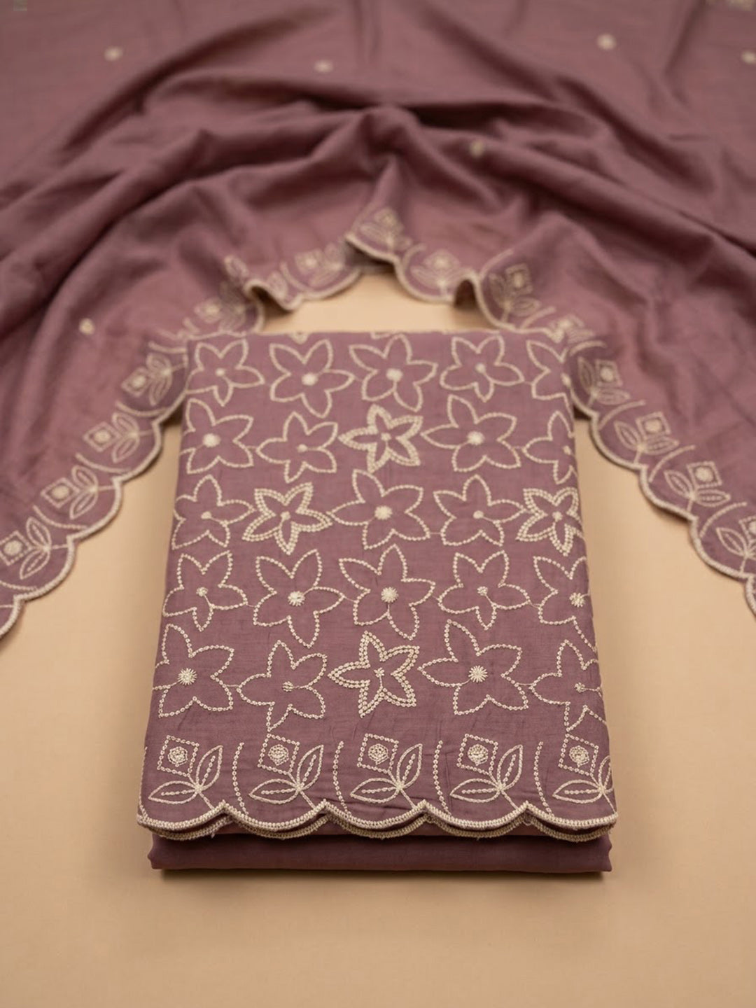 Lavender Chanderi Embroidered Unstitched Dress Material
