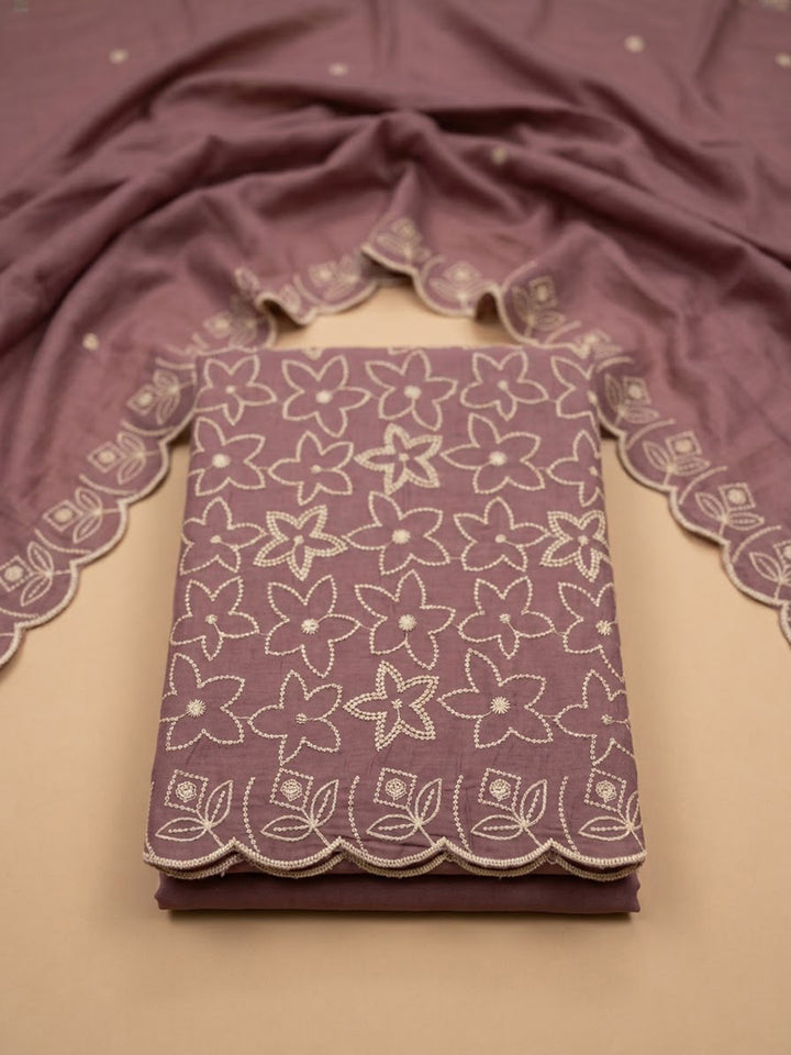 Lavender Chanderi Embroidered Unstitched Dress Material