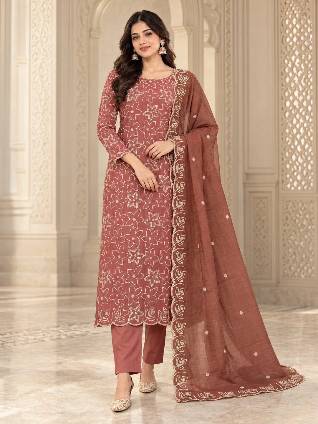 Peach Chanderi Embroidered Unstitched Dress Material