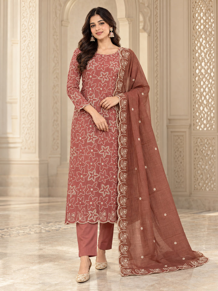 Peach Chanderi Embroidered Unstitched Dress Material