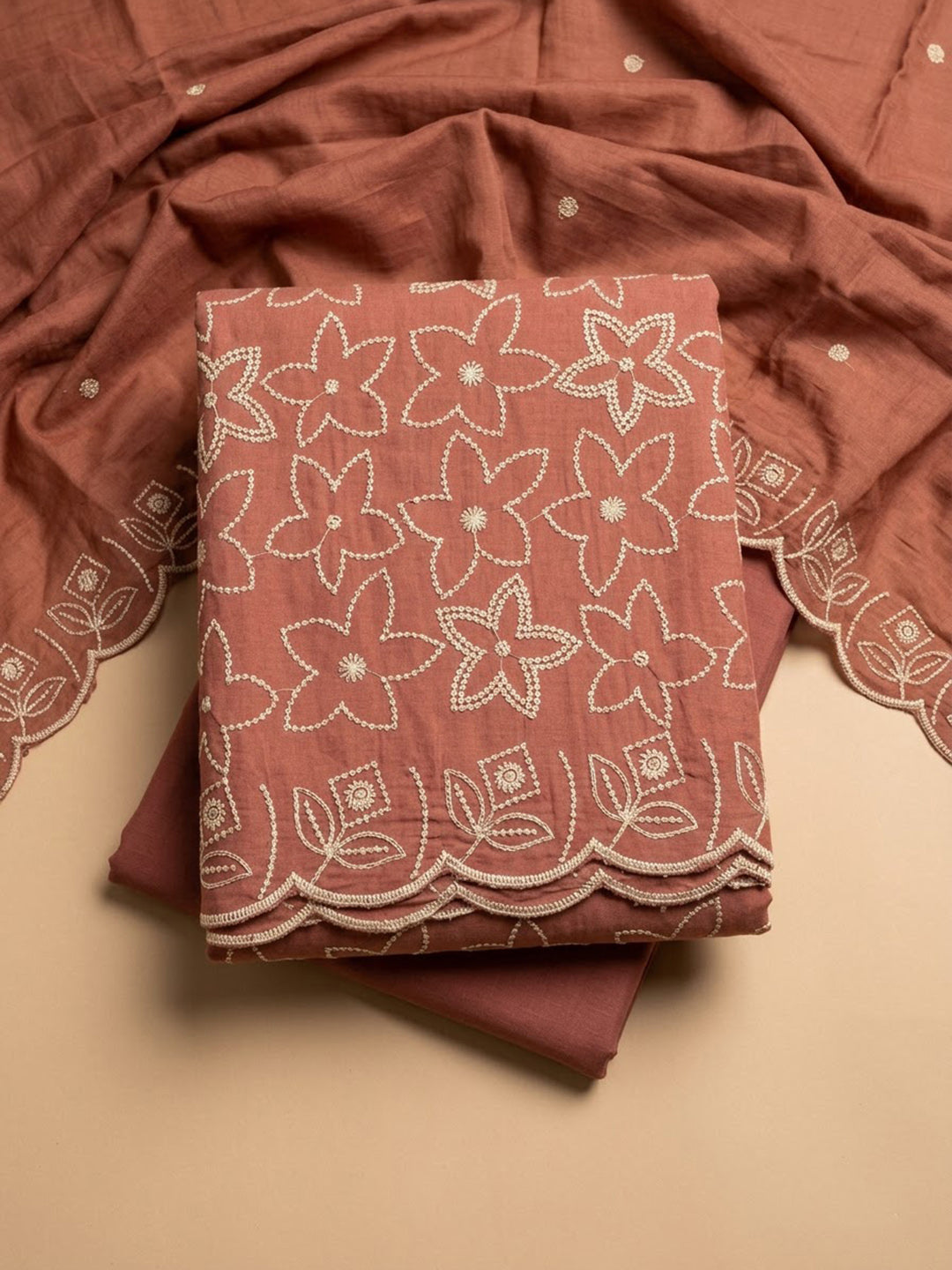 Peach Chanderi Embroidered Unstitched Dress Material