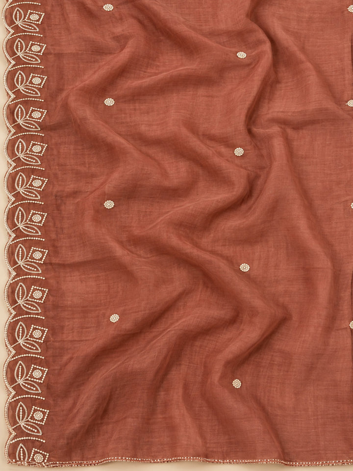 Peach Chanderi Embroidered Unstitched Dress Material