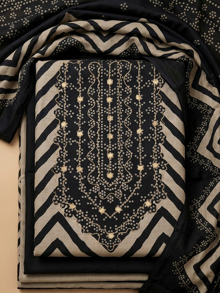 Black Cotton Blend Embroidered Unstitched Dress Material