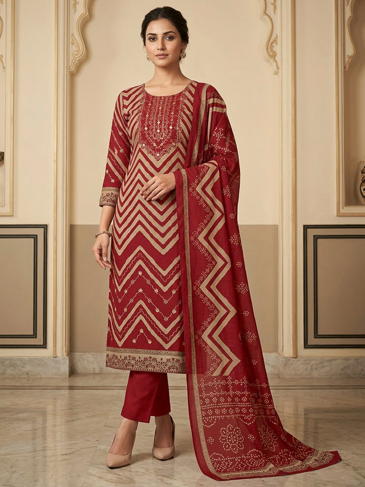 Red Cotton Blend Embroidered Unstitched Dress Material
