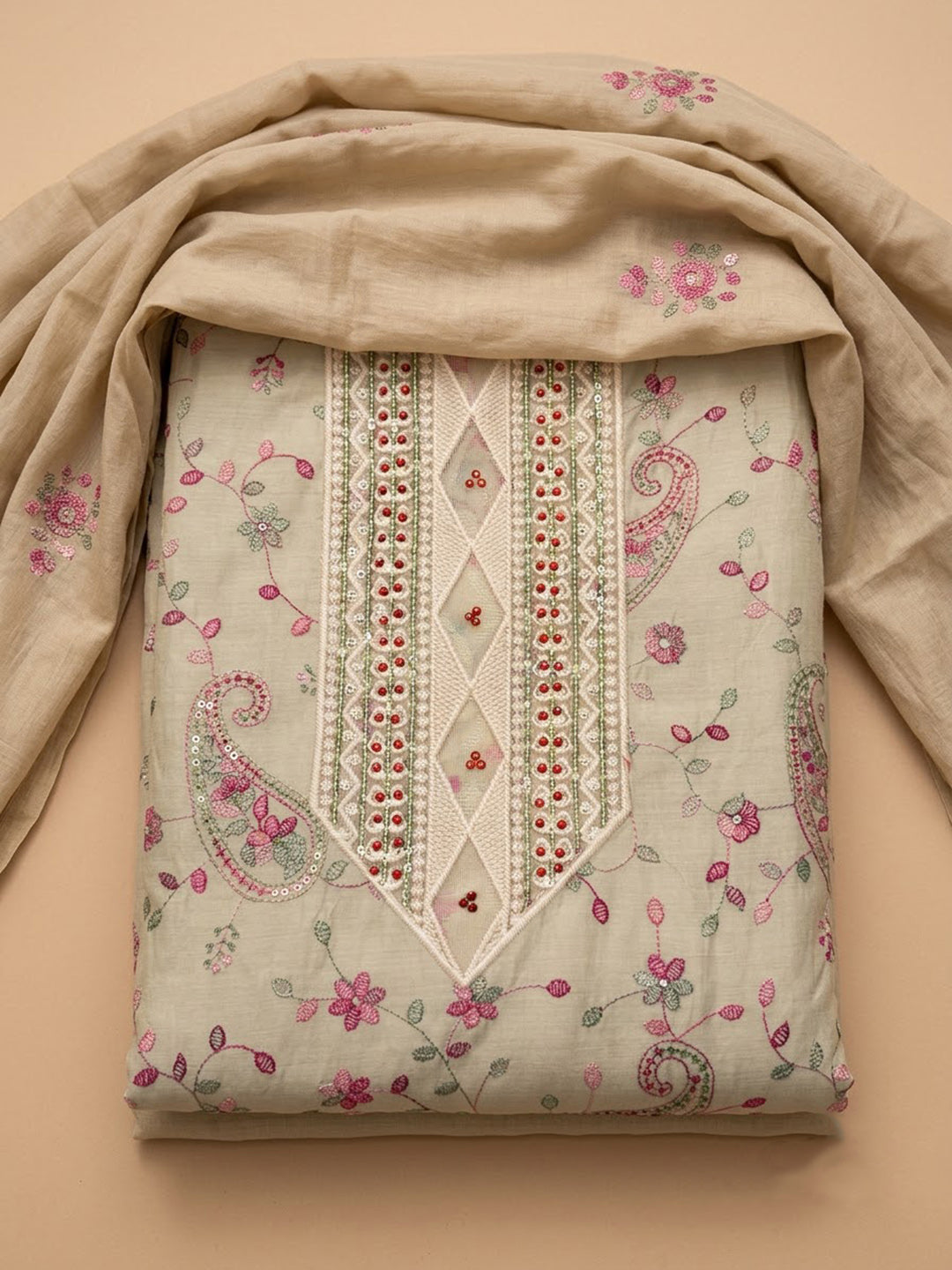Off-White Tissue Embroidered Unstitched Dress Material