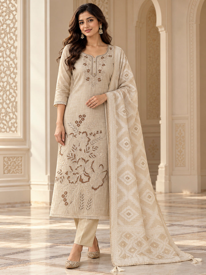 Off White Chanderi Embroidered Unstitched Dress Material