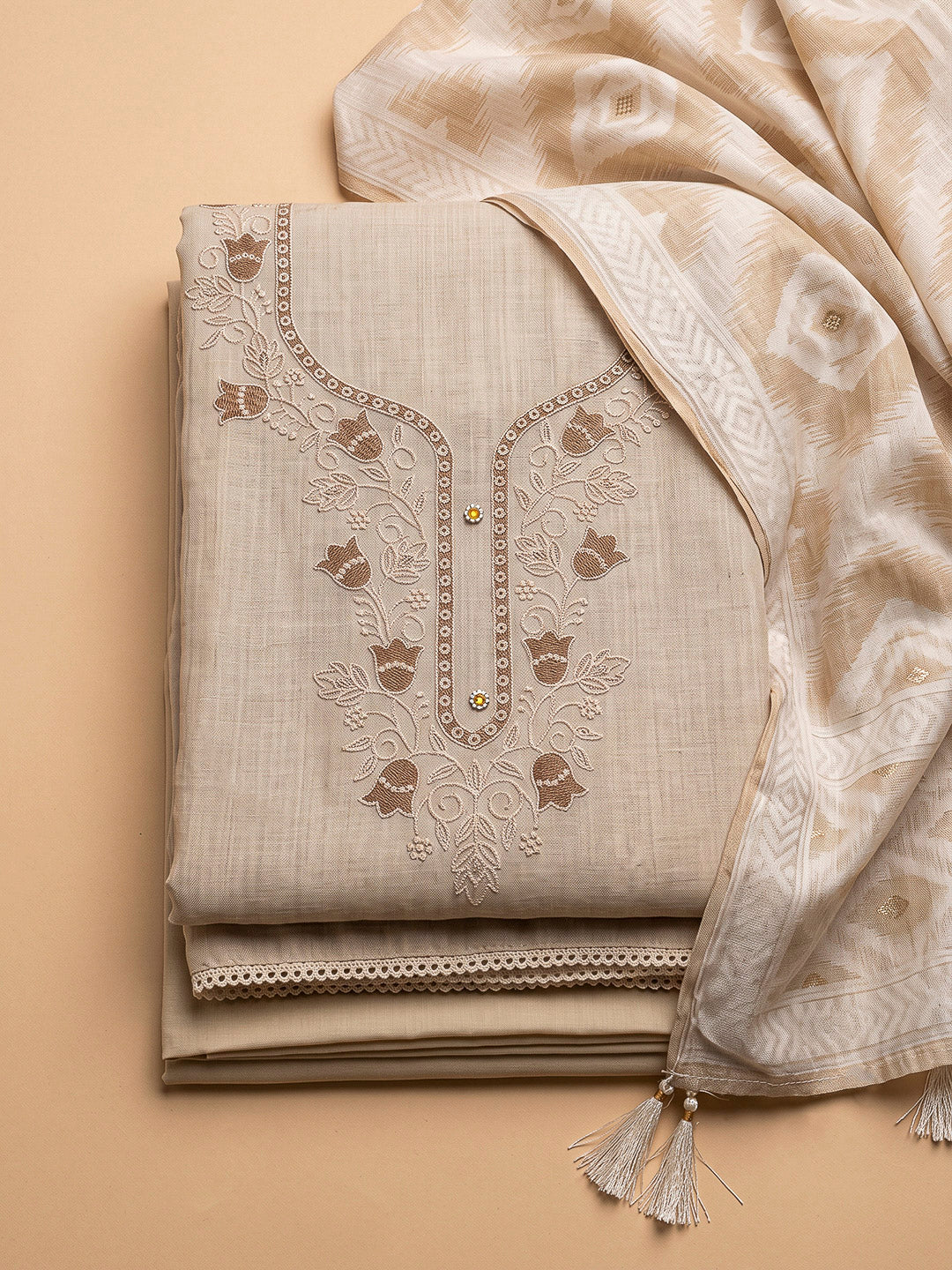 Off White Chanderi Embroidered Unstitched Dress Material