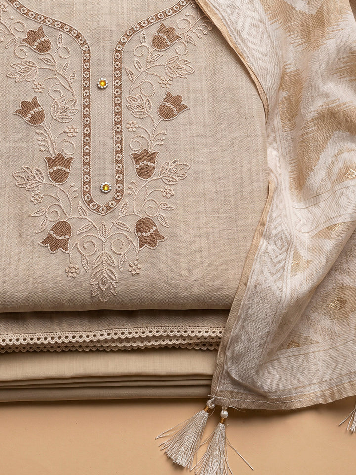 Off White Chanderi Embroidered Unstitched Dress Material