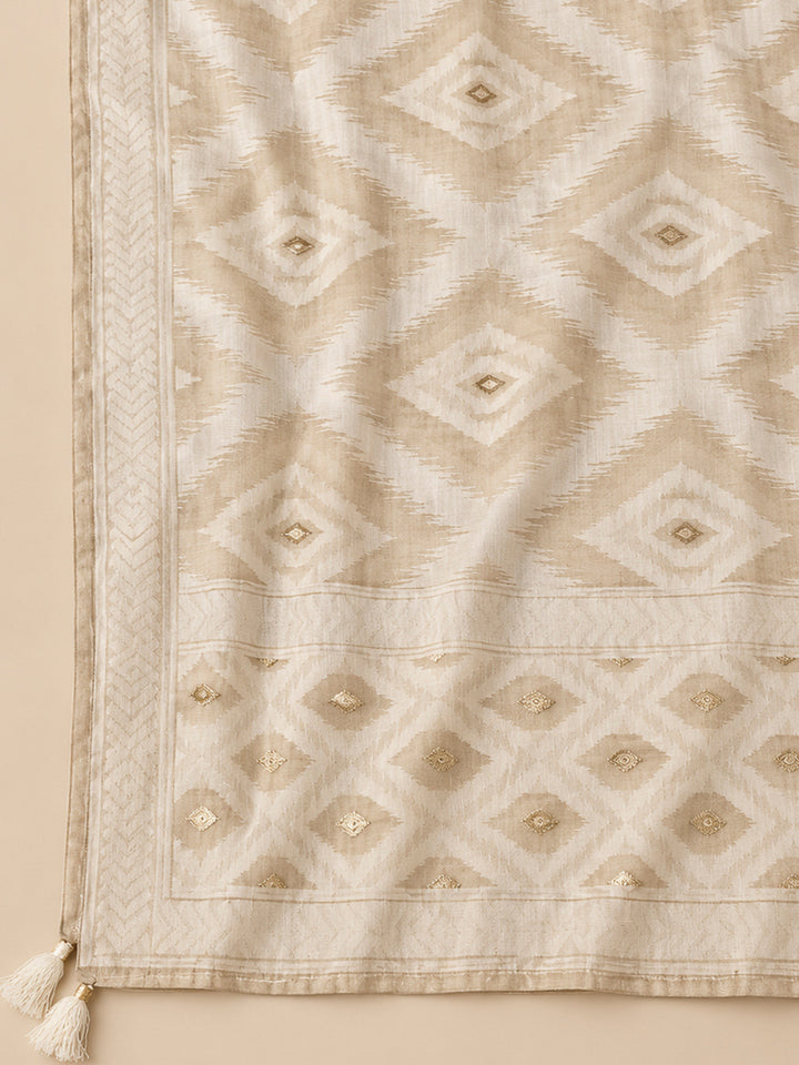 Off White Chanderi Embroidered Unstitched Dress Material