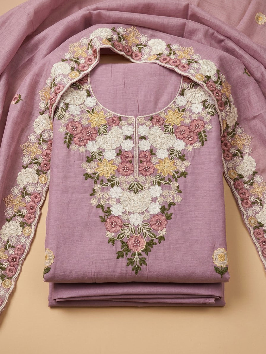 Onion Pink Chanderi Embroidered Unstitched Dress Material