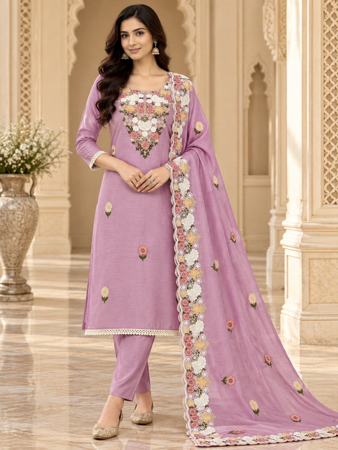 Onion Pink Chanderi Embroidered Unstitched Dress Material