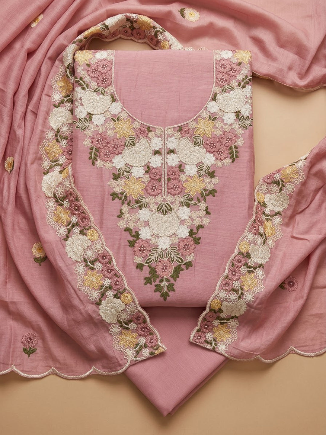 Peach Chanderi Embroidered Unstitched Dress Material