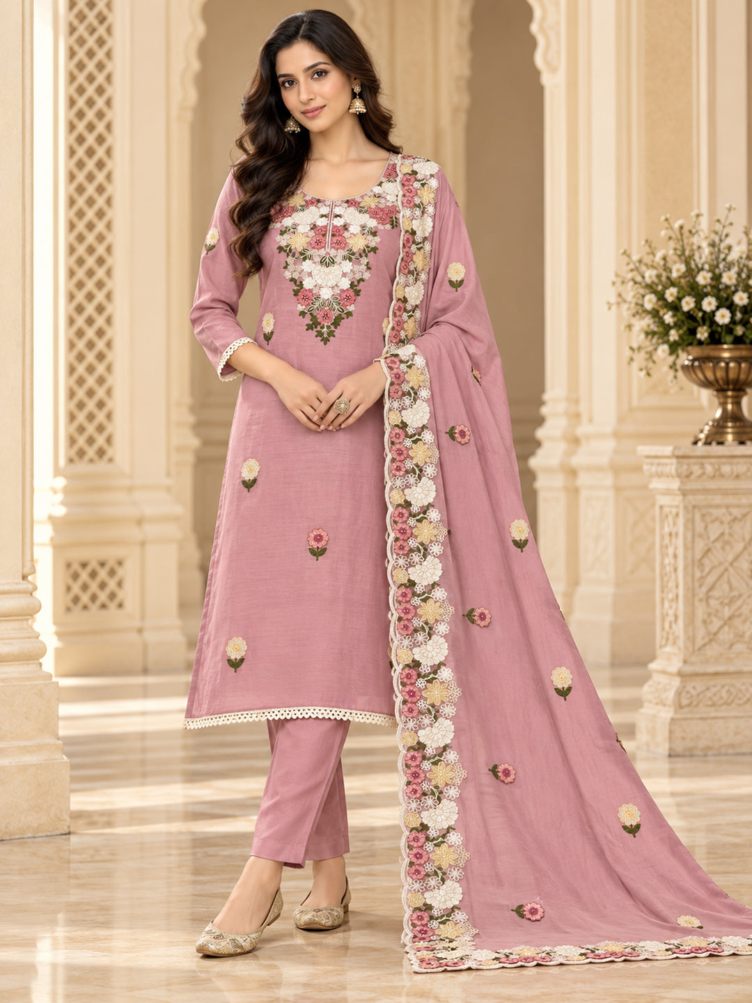 Peach Chanderi Embroidered Unstitched Dress Material