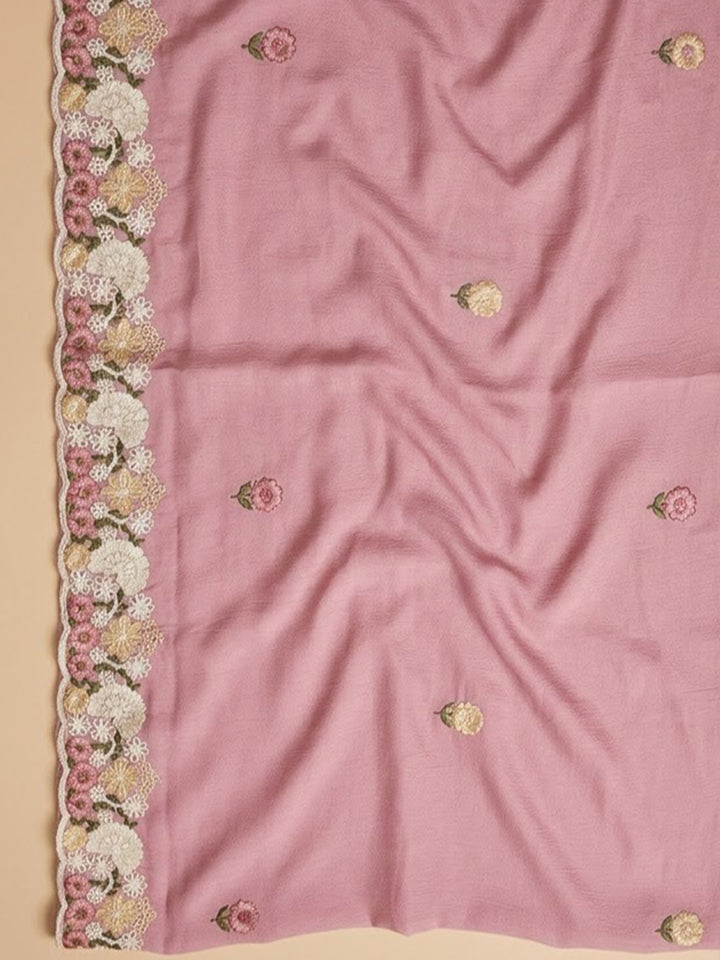 Peach Chanderi Embroidered Unstitched Dress Material