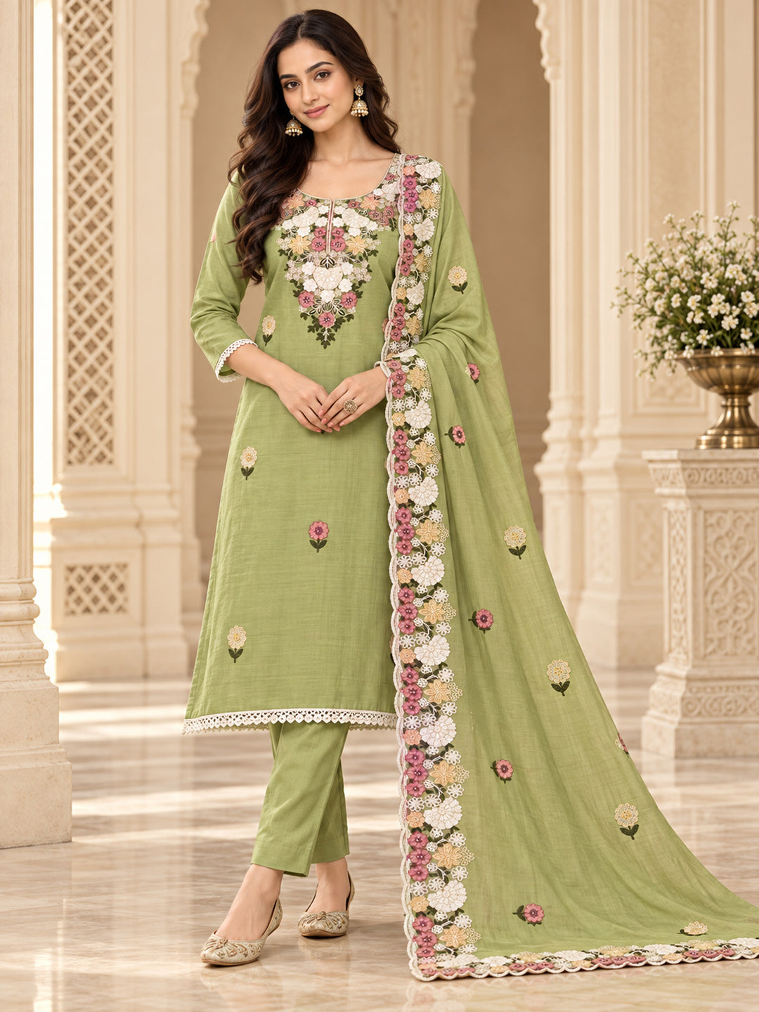 Pista Green Chanderi Embroidered Unstitched Dress Material