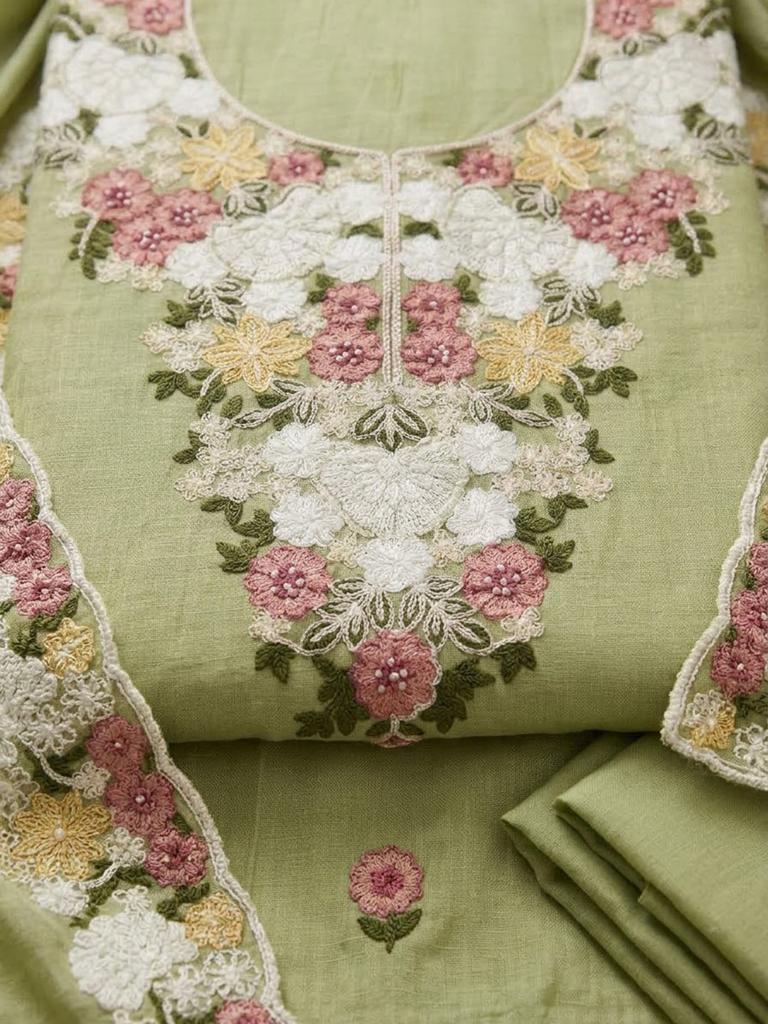 Pista Green Chanderi Embroidered Unstitched Dress Material
