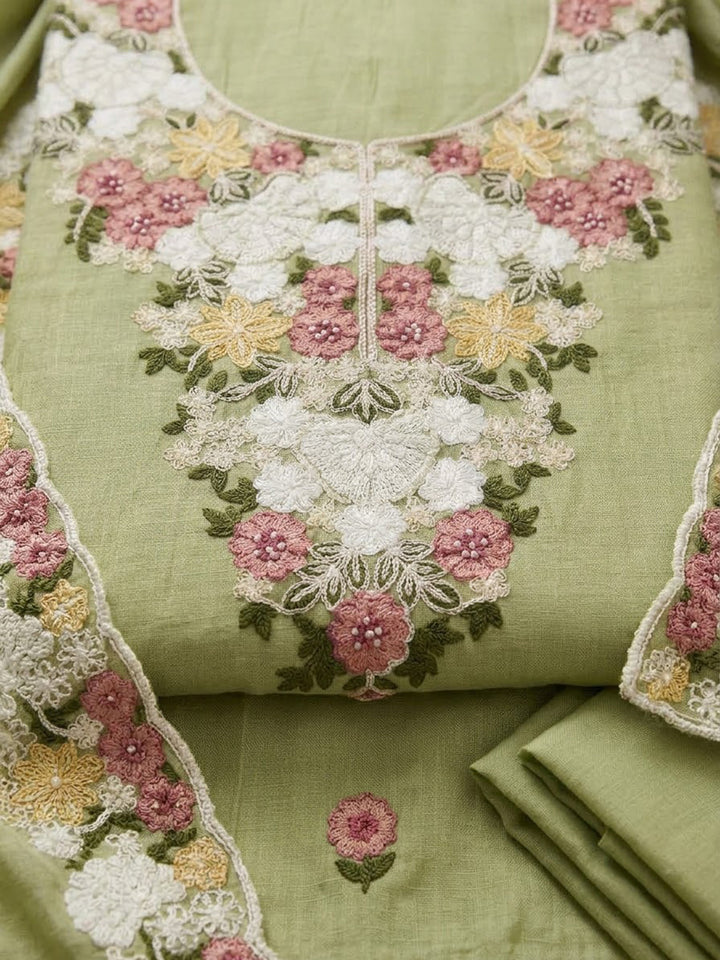 Pista Green Chanderi Embroidered Unstitched Dress Material