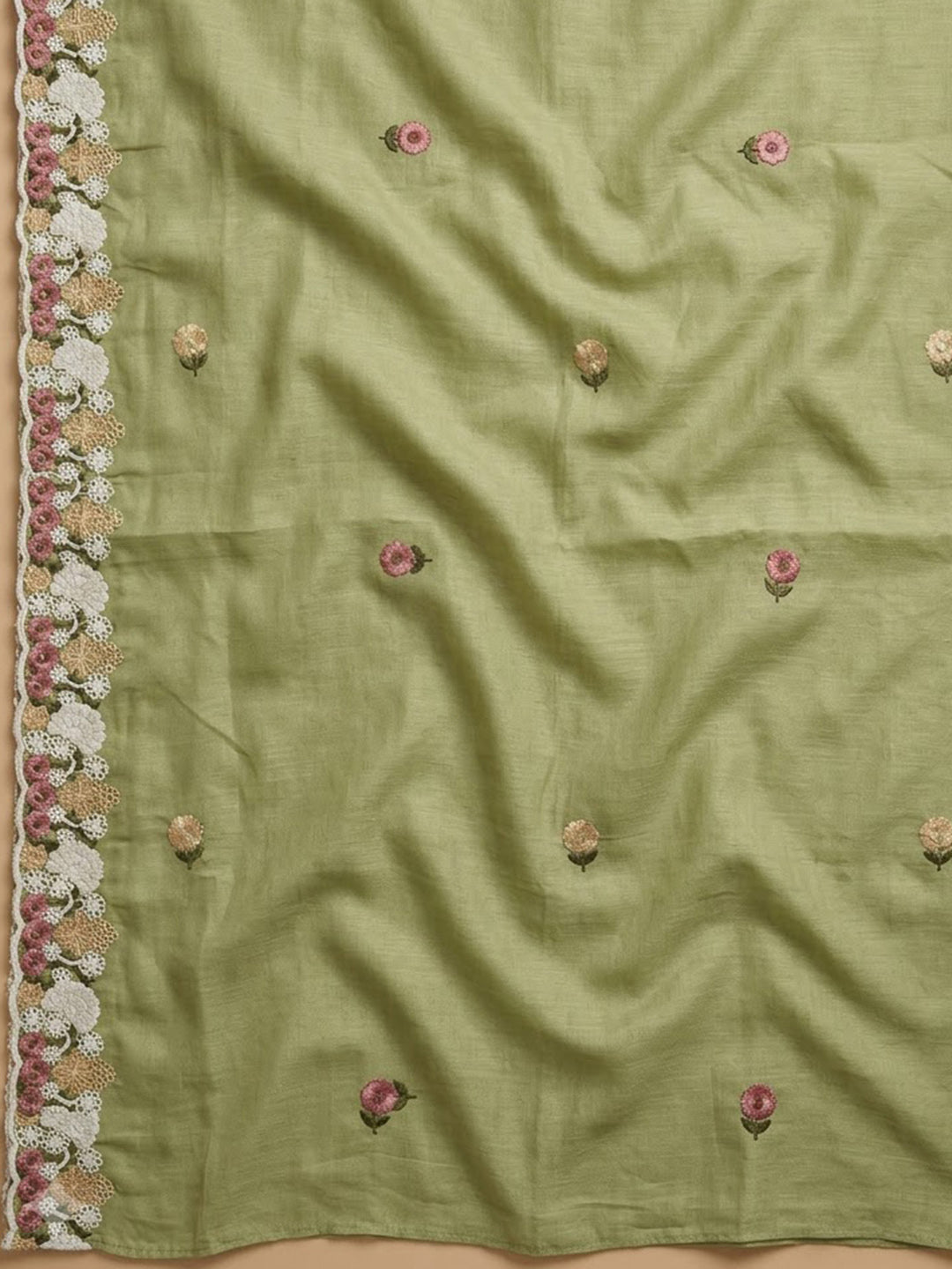 Pista Green Chanderi Embroidered Unstitched Dress Material