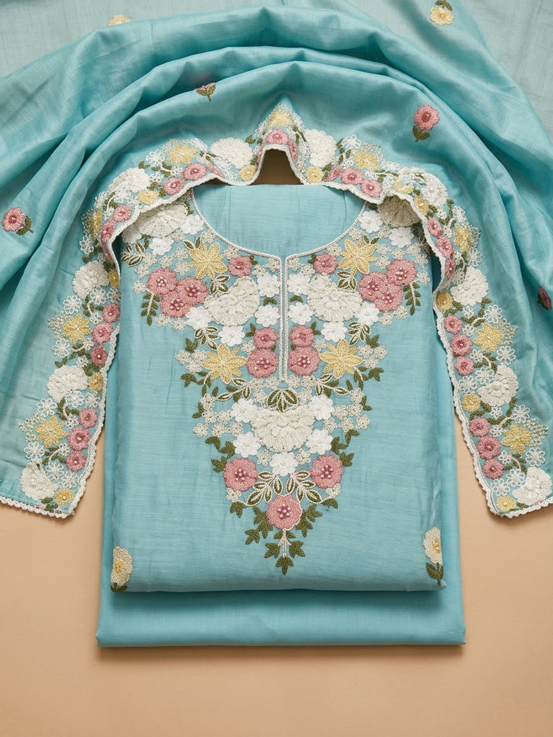 Sea Green Chanderi Embroidered Unstitched Dress Material