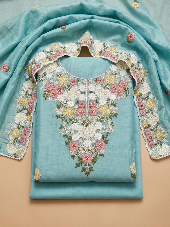 Sea Green Chanderi Embroidered Unstitched Dress Material