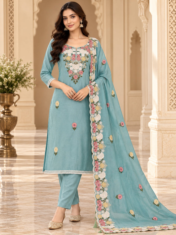 Sea Green Chanderi Embroidered Unstitched Dress Material
