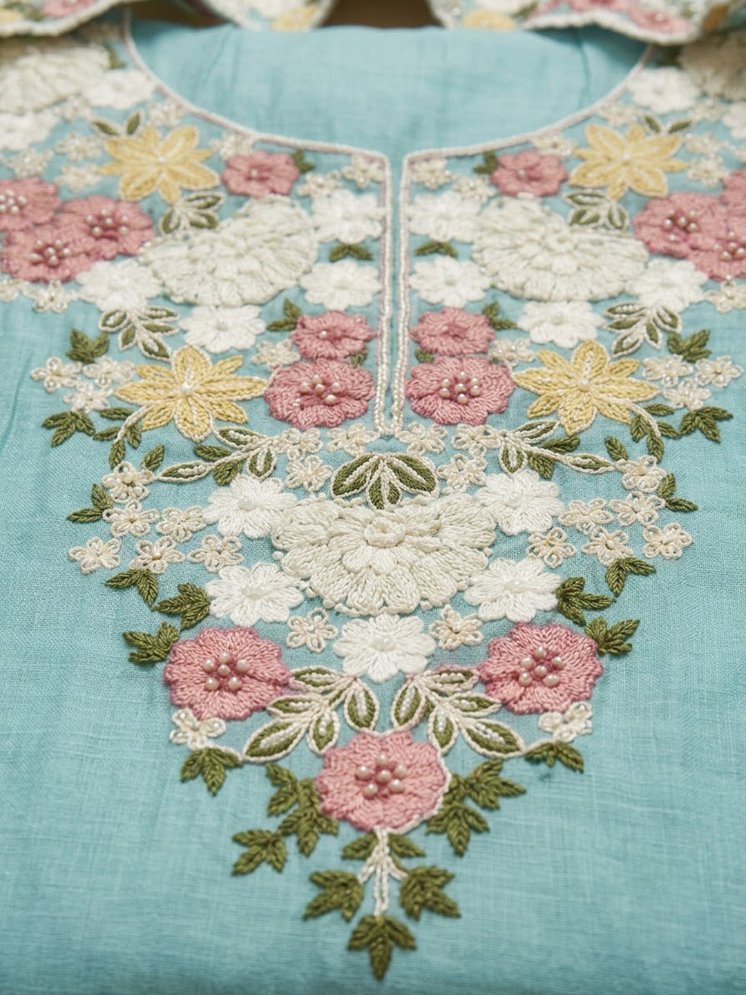Sea Green Chanderi Embroidered Unstitched Dress Material