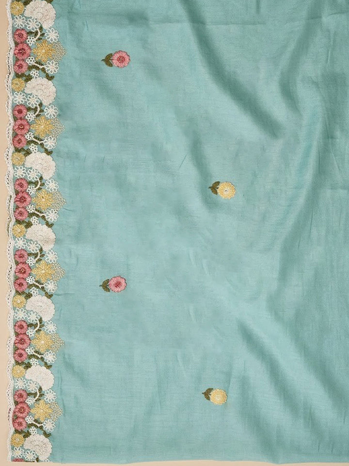 Sea Green Chanderi Embroidered Unstitched Dress Material