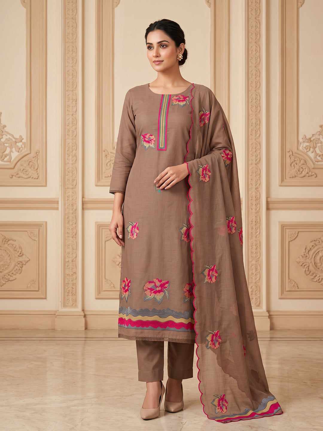 Mouse Chanderi Embroidered Unstitched Dress Material