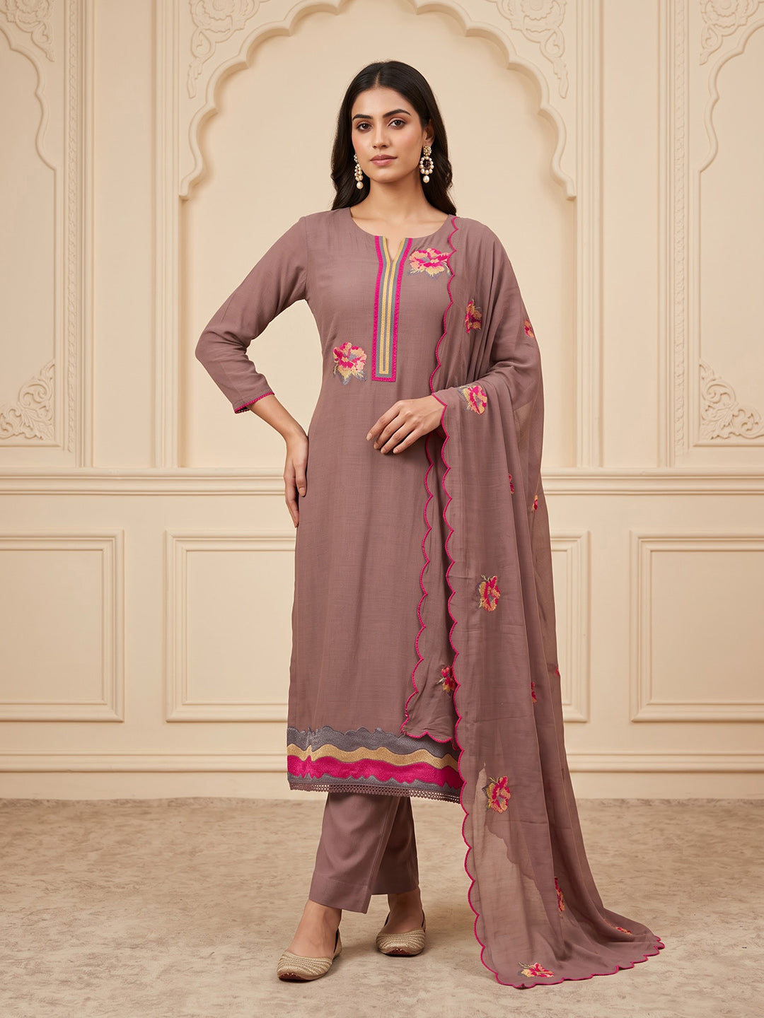 Onion-Pink Chanderi Embroidered Unstitched Dress Material