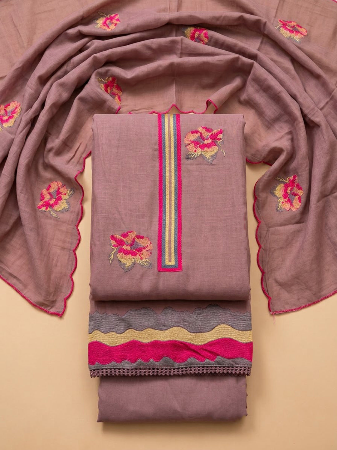 Onion-Pink Chanderi Embroidered Unstitched Dress Material