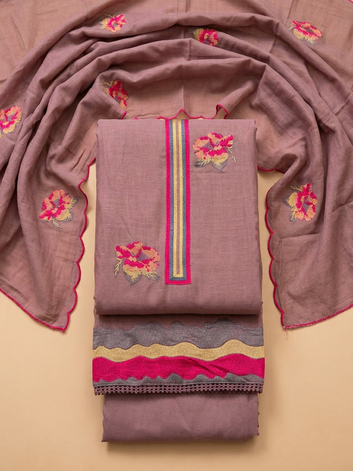 Onion-Pink Chanderi Embroidered Unstitched Dress Material