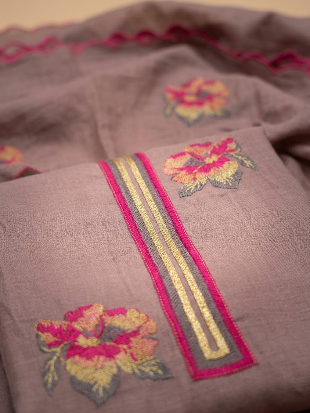 Onion-Pink Chanderi Embroidered Unstitched Dress Material