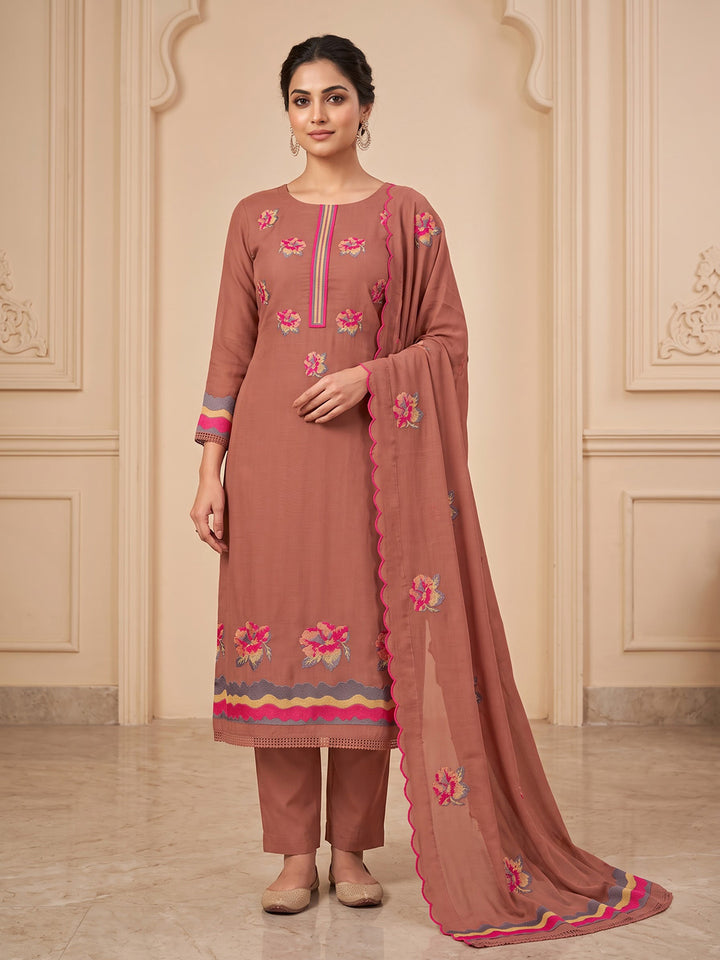 Rust Chanderi Embroidered Unstitched Dress Material