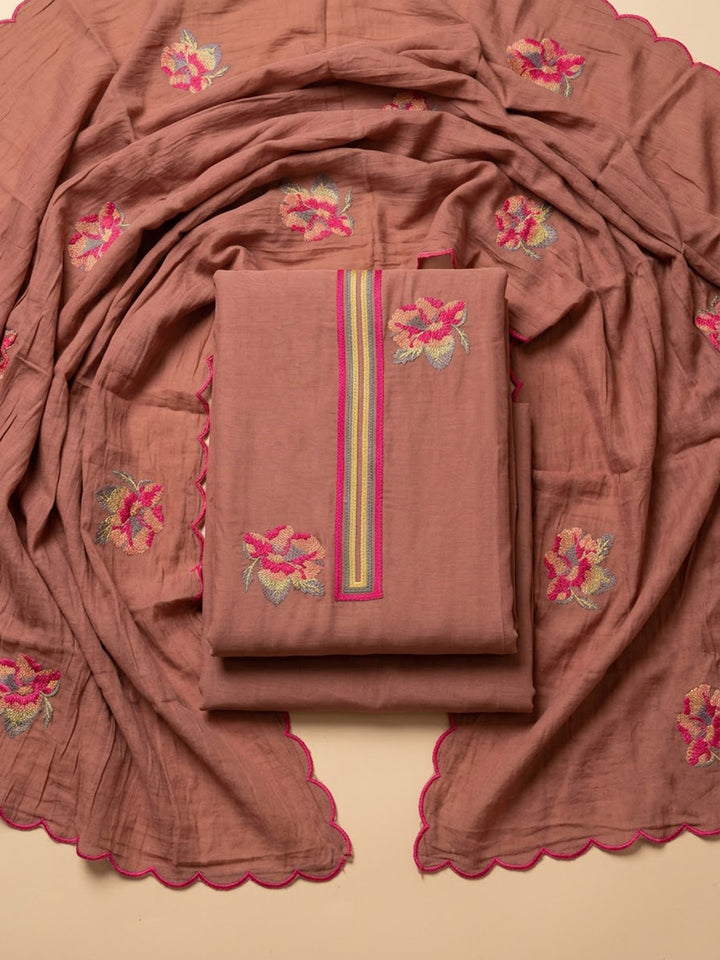 Rust Chanderi Embroidered Unstitched Dress Material
