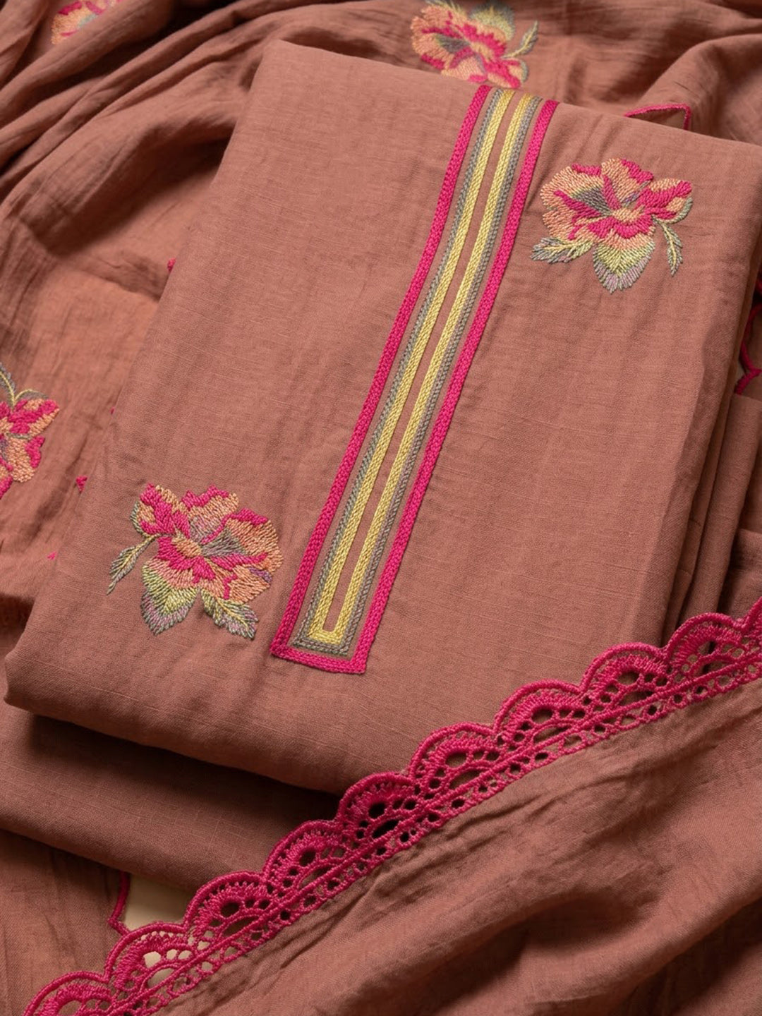 Rust Chanderi Embroidered Unstitched Dress Material