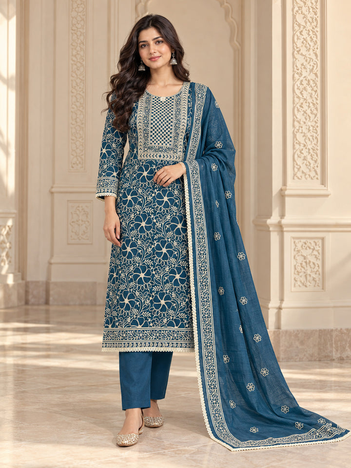 Blue Chanderi Embroidered Unstitched Dress Material