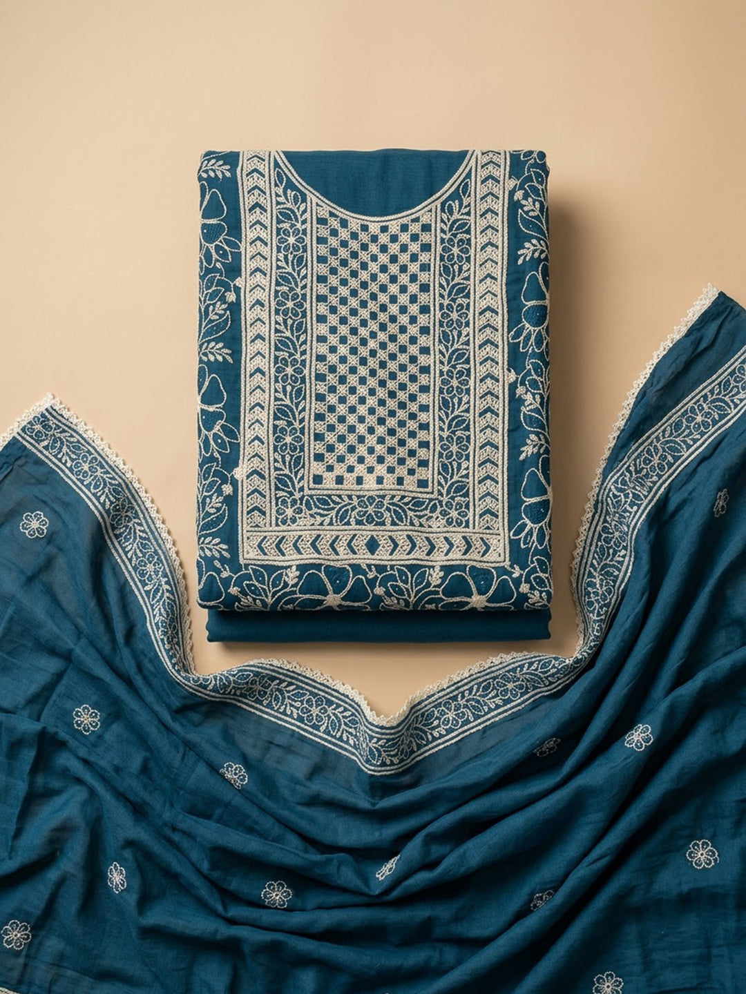 Blue Chanderi Embroidered Unstitched Dress Material